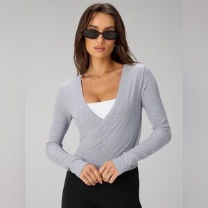 NWOT Fabletics Modal Rib V-neck L/S Crop Top XS Grey